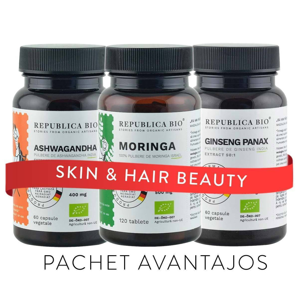 SKIN & HAIR Beauty, pachet promotional (Ginseng + Ashwagandha + Moringa), BIO, RAW, VEGAN