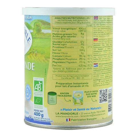 Lapte praf de Migdale si Orez, La Mandorle, fara lactoza, fara gluten, bio, 400 g