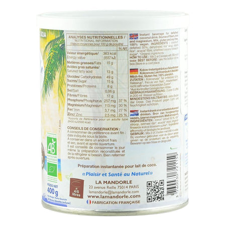 Lapte de Cocos pudra pentru preparat, La Mandorle, fara lactoza, fara gluten, bio, 400 g