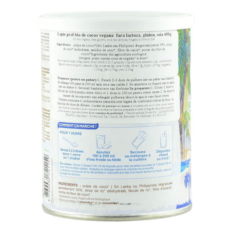 Lapte de Cocos pudra pentru preparat, La Mandorle, fara lactoza, fara gluten, bio, 400 g