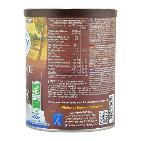 Lapte praf de Migdale cu Ciocolata, La Mandorle, fara lactoza, fara gluten, bio, 400 g