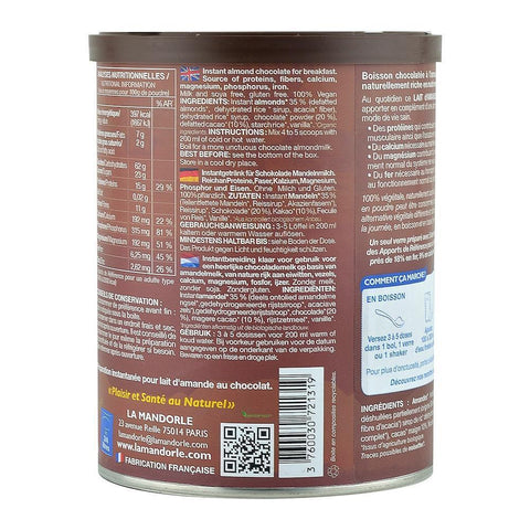 Lapte praf de Migdale cu Ciocolata, La Mandorle, fara lactoza, fara gluten, bio, 400 g