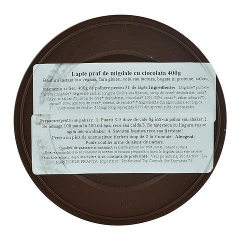 Lapte praf de Migdale cu Ciocolata, La Mandorle, fara lactoza, fara gluten, bio, 400 g