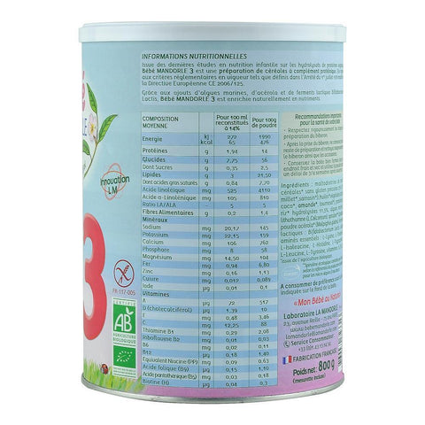 Formula 3 cereale cu proteine vegetale pentru bebelusi 10 luni+, La Mandorle, fara lactoza, fara gluten, fara ulei de palmier, bio, 800 g