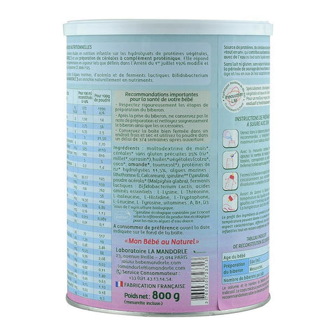 Formula 3 cereale cu proteine vegetale pentru bebelusi 10 luni+, La Mandorle, fara lactoza, fara gluten, fara ulei de palmier, bio, 800 g