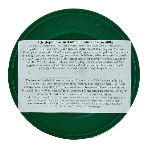 Mic dejun instant cu Alune si Cacao, La Mandorle, fara lactoza, fara gluten, bio, 400 g