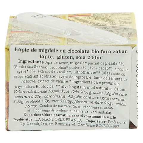 Lapte de migdale cu Ciocolata La Mandorle fara zahar, fara lactoza, fara gluten, bio, 200 ml