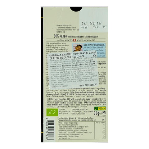 Ciocolata amaruie 90% cacao si zahar de cocos, Rapunzel, bio, 80 g