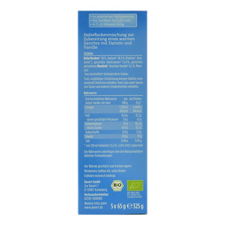 Mic dejun din ovaz cu curmale si vanilie 5 x 65 g Davert, bio