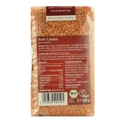 Linte rosie 500 g Davert, bio