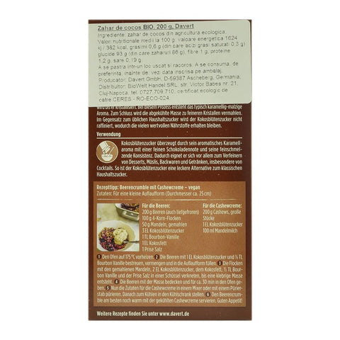 Zahar din floare de cocos 200 g Davert, bio