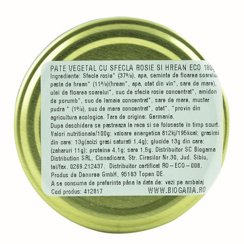 Pate vegetal cu sfecla rosie si hrean, bio, 180g