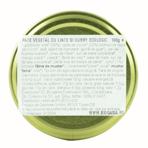 Pate vegetal cu linte si curry, bio, 180g