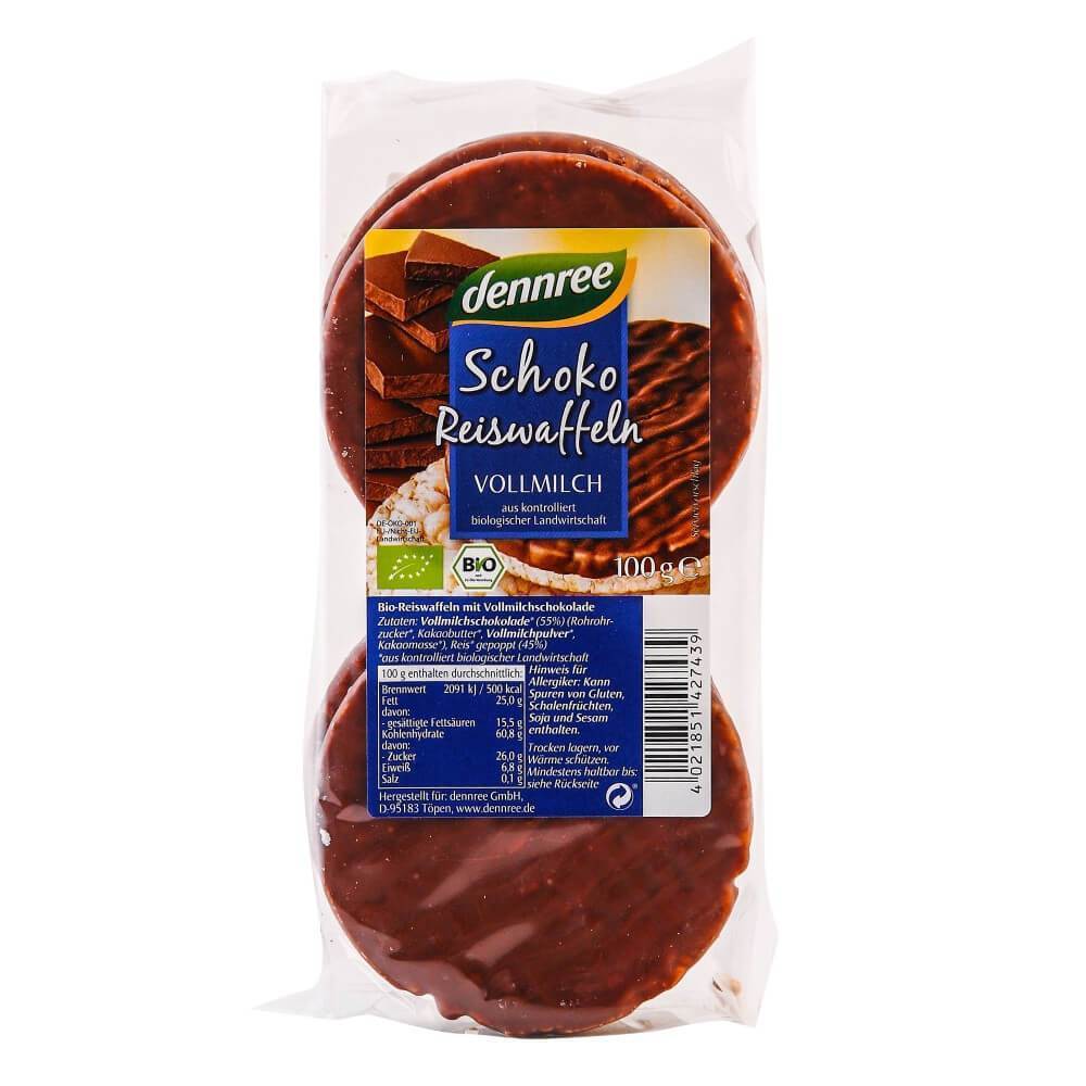 Vafe din orez expandat cu ciocolata si lapte integral, bio, 100g