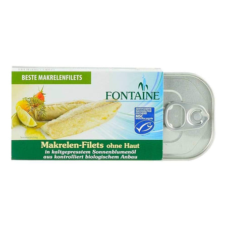 File de macrou in ulei bio de floarea soarelui Fontaine, 120 g, conserva de peste