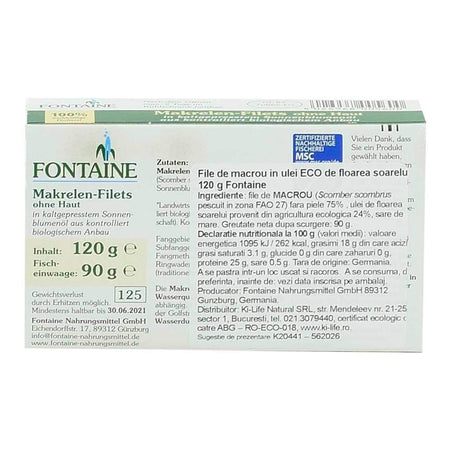File de macrou in ulei bio de floarea soarelui Fontaine, 120 g, conserva de peste