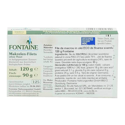 File de macrou in ulei bio de floarea soarelui Fontaine, 120 g, conserva de peste