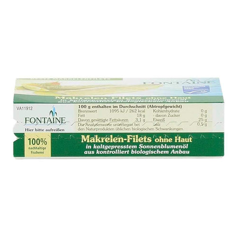 File de macrou in ulei bio de floarea soarelui Fontaine, 120 g, conserva de peste
