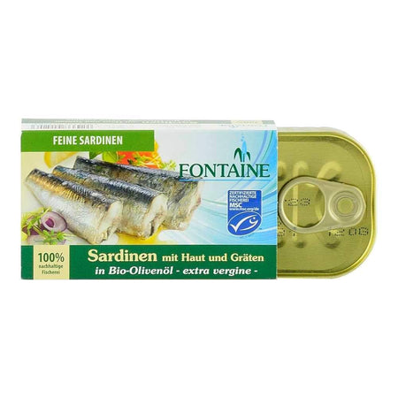 Sardine in ulei bio de masline Fontaine, 120 g, conserva de peste