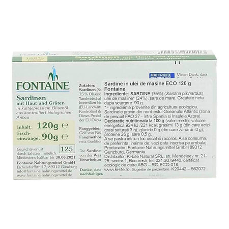 Sardine in ulei bio de masline Fontaine, 120 g, conserva de peste