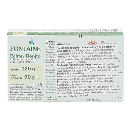 File de ton in ulei bio de masline Fontaine, 120 g, conserva de peste