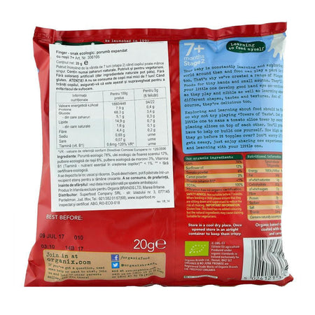 Snack Organix Finger Feliute din Porumb expandat cu Rosii si Morcovi, de la 7 luni, bio, 20 g
