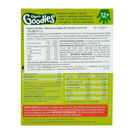 Batoane Organix Goodies din fructe cu Mere si Curmale, de la 12 luni, bio, 6x17 g