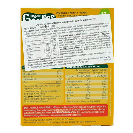 Batoane Organix Goodies din fructe cu Banane si Curmale, de la 12 luni, bio, 6x17 g