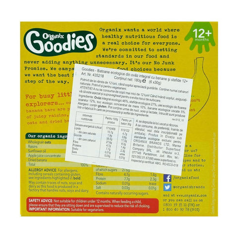 Batoane Organix Goodies din cereale cu Mere si Banane, de la 12 luni, bio, 6x30 g