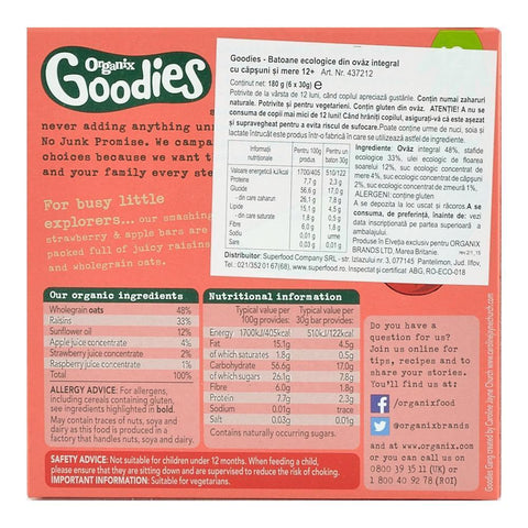 Batoane Organix Goodies din cereale cu Mere si Capsuni, de la 12 luni, bio, 6x30 g