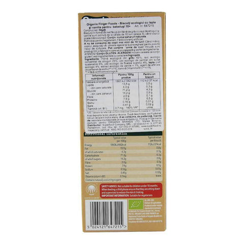Biscuiti Organix Finger cu Lapte si Vanilie pentru Bebelusi, de la 10 luni, bio, 54 g