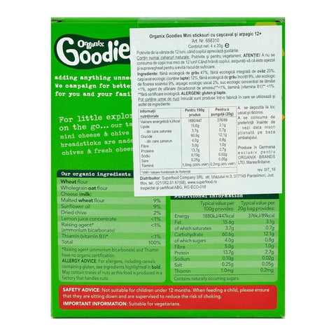 Mini Stixuri Organix Goodies cu Cascaval si Arpagic, de la 12 luni, bio, 4x20 g