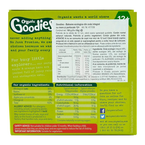 Batoane Organix Goodies din cereale cu Mere si Portocale, de la 12 luni, bio, 6x30 g