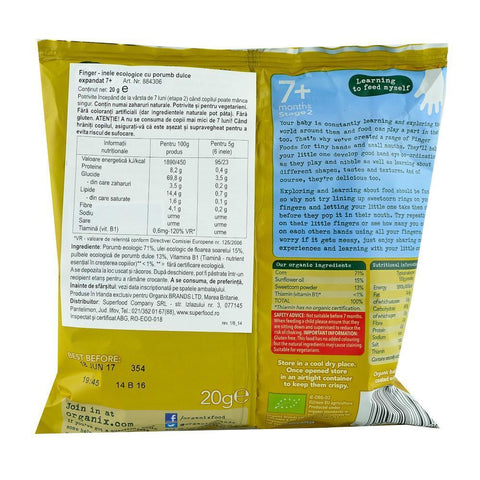 Snack Organix Finger Inele din Porumb dulce expandat, de la 7 luni, bio, 20 g