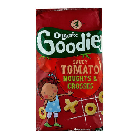 Snack Organix Goodies Figurine X si O din Porumb expandat cu Rosii , de la 12 luni, bio, 4x15 g