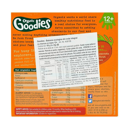 Batoane Organix Goodies din Cereale cu Morcov si Mere, de la 12 luni, bio, 6x30 g