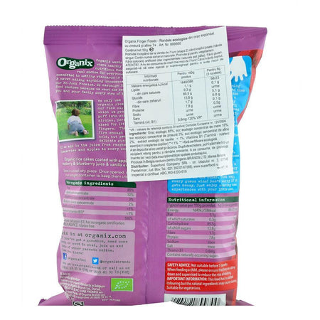 Rondele Organix Finger din Orez expandat cu Zmeura si Afine, de la 7 luni, bio, 50 g