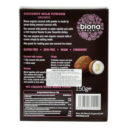 Lapte praf de Cocos Biona, bio, 150 g