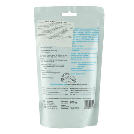 Lapte de cocos pudra pentru preparat, Diet Food, bio, 200 g
