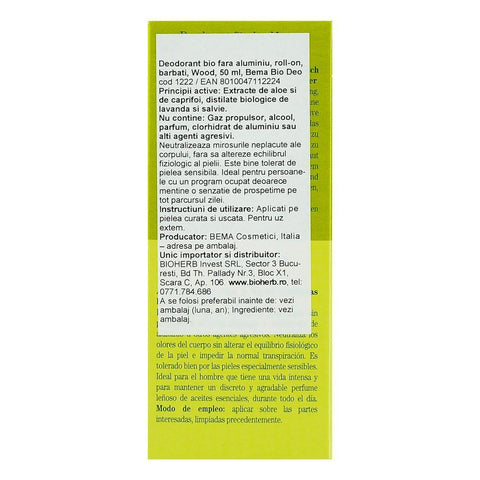 Deodorant Wood fara aluminiu pentru barbati, cu roll-on, Bema, bio, 50 ml