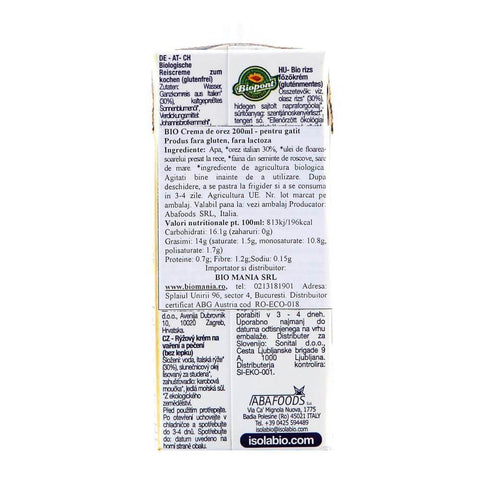 Crema din Orez 200ml (Smantana Vegetala fara gluten , fara zahar, fara Lactoza) - Republica BIO