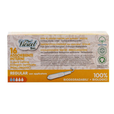 Absorbante interne (2 picaturi) Vivicot din bumbac organic, cu aplicator, bio, 16 buc - Republica BIO