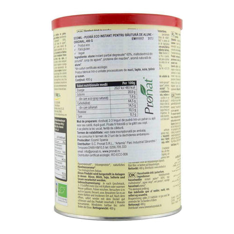 Pudra instant pentru bautura din alune fara gluten Ecomil Original, bio, 400 g