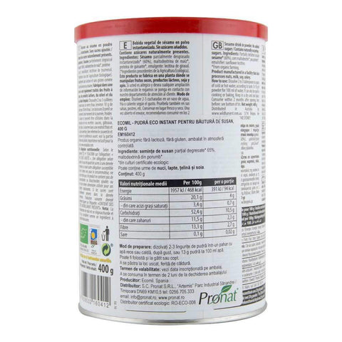 Pudra instant pentru bautura din susan fara zahar, fara gluten Ecomil Nature, bio, 400 g