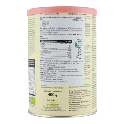 Pudra instant pentru bautura din nuci fara gluten Ecomil Original, bio, 400 g