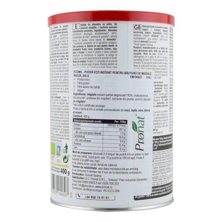 Pudra instant pentru bautura din migdale fara zahar, fara gluten Ecomil Nature, bio, 400 g