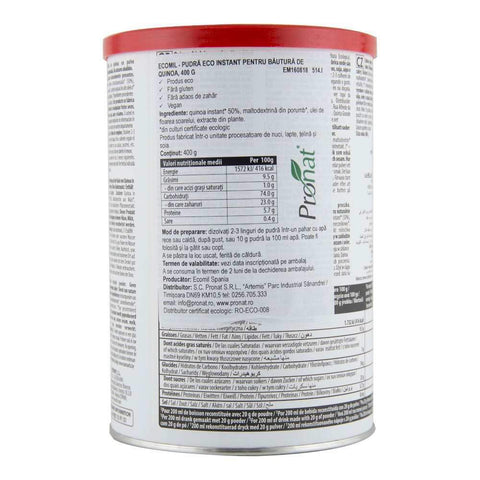 Pudra instant pentru bautura din quinoa fara zahar, fara gluten Ecomil Nature, bio, 400 g