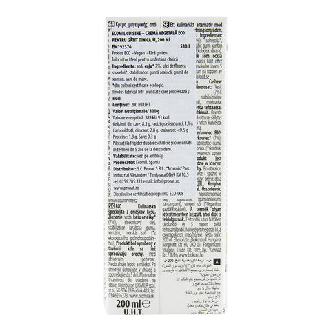 Crema vegetala pentru gatit (smantana vegetala) pe baza de caju, fara zahar, fara gluten Ecomil, bio, 200 ml