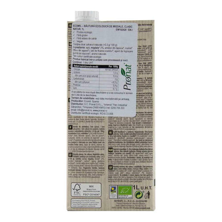 Bautura vegetala din migdale fara zahar, fara gluten Ecomil Clasic Nature, bio, 1000 ml
