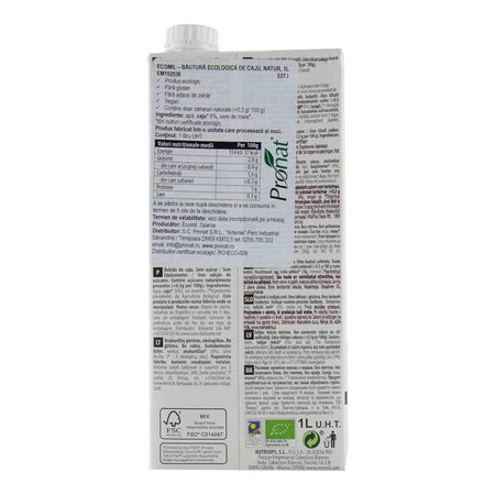 Bautura vegetala din caju fara zahar, fara gluten Ecomil Nature, bio, 1000 ml